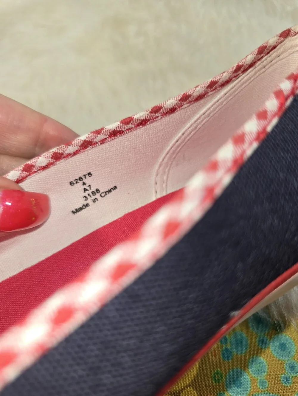 Lands End Girls Navy Canvas Ballet Flats with Red Gingham Trim & Bow
